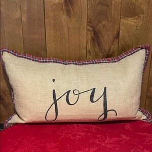 NWT Festive “Joy” Burlap Pillow with Red Plaid Pattern